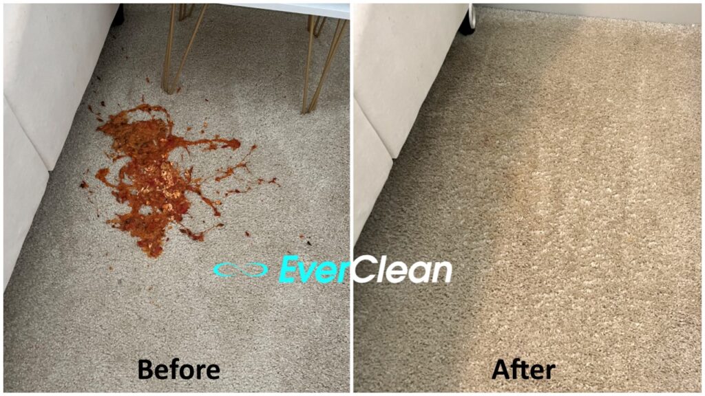 EverClean Nashville removed red carpet stain in Nashville A before and after picture of Nashville carpet stain removal of red stain on bedroom carpet